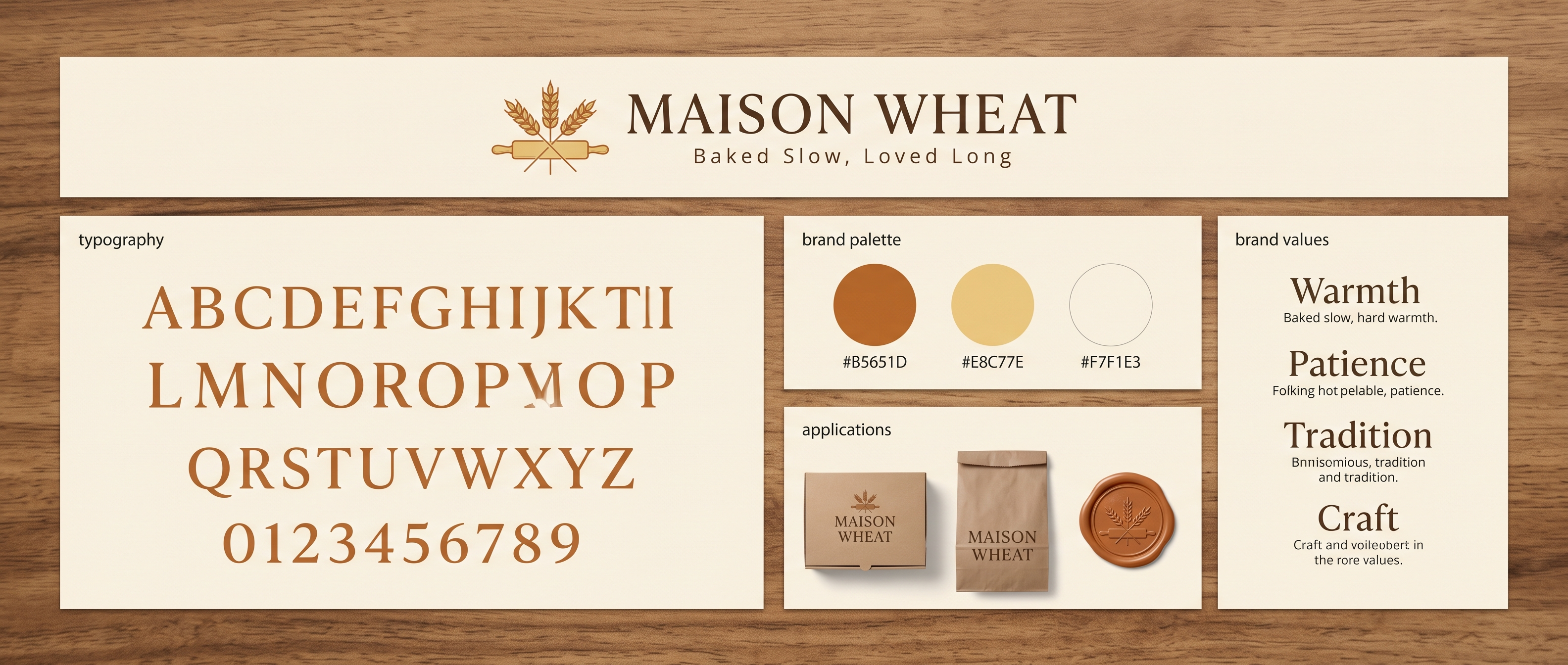 Maison Wheat concept brand identity board: palette, typography, and applications