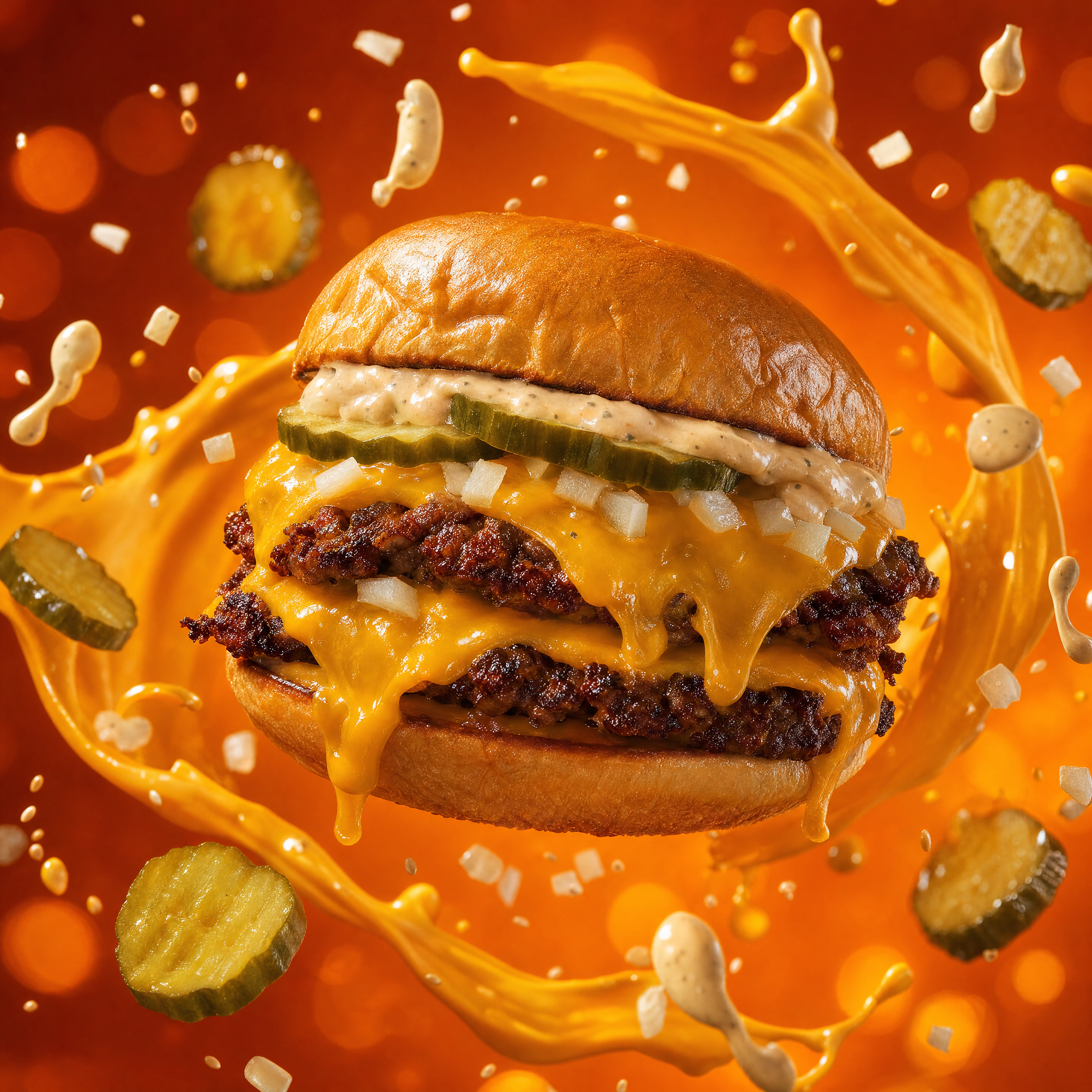 CGI burger commercial still — high quality food photography