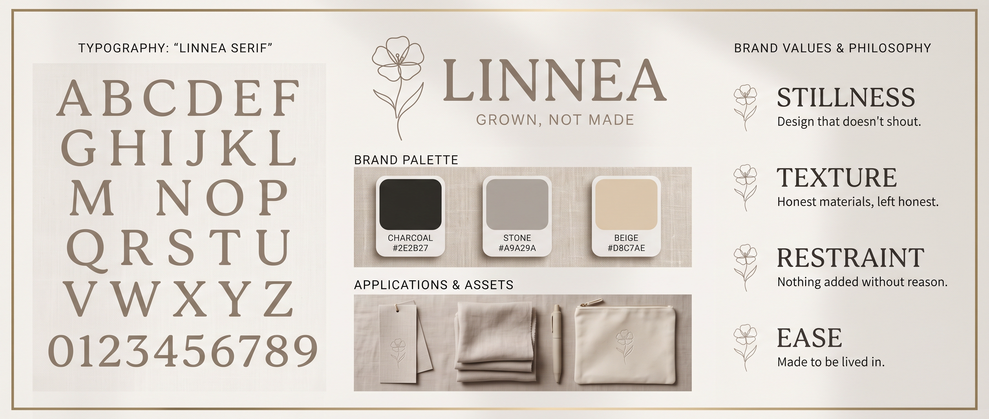 Linnea concept brand identity board: palette, typography, and applications