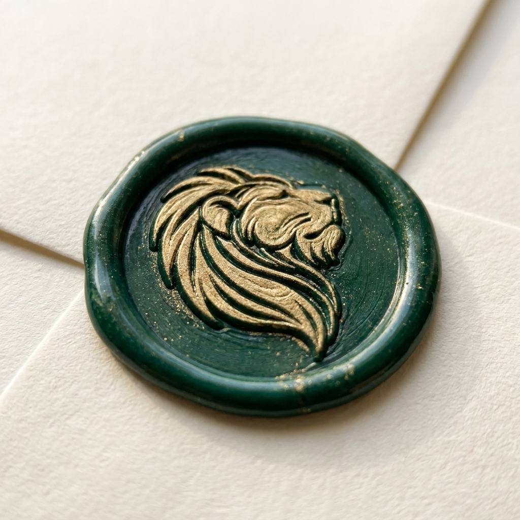Embossed gold-on-green wax seal